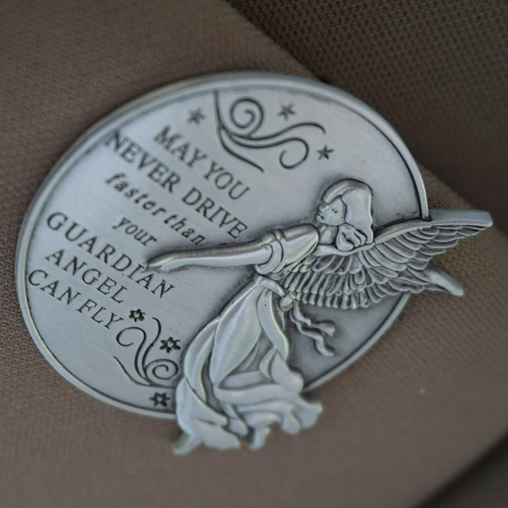 Guardian Angel Visor Clip For Car: 2-1/4 Inch Diameter Metal, Reads MAY YOU NEVER DRIVE FASTER THAN YOUR GUARDIAN ANGEL CAN FLY, Best Parents Gift Idea for New Driver and Loved Ones Cars