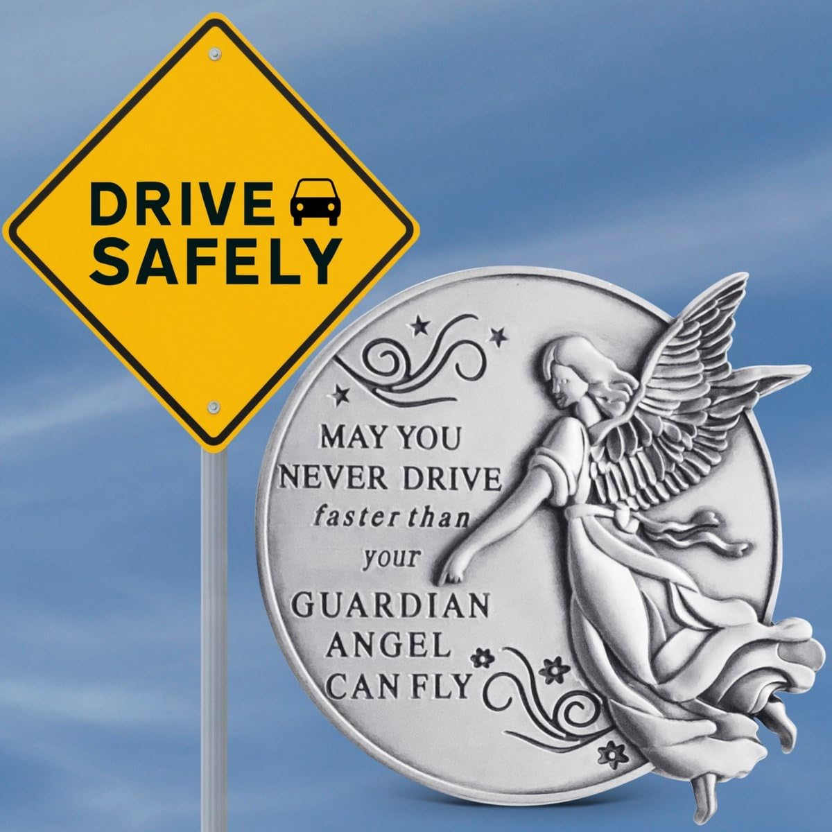 Guardian Angel Visor Clip For Car: 2-1/4 Inch Diameter Metal, Reads MAY YOU NEVER DRIVE FASTER THAN YOUR GUARDIAN ANGEL CAN FLY, Best Parents Gift Idea for New Driver and Loved Ones Cars