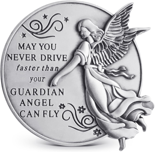 Guardian Angel Visor Clip For Car: 2-1/4 Inch Diameter Metal, Reads MAY YOU NEVER DRIVE FASTER THAN YOUR GUARDIAN ANGEL CAN FLY, Best Parents Gift Idea for New Driver and Loved Ones Cars