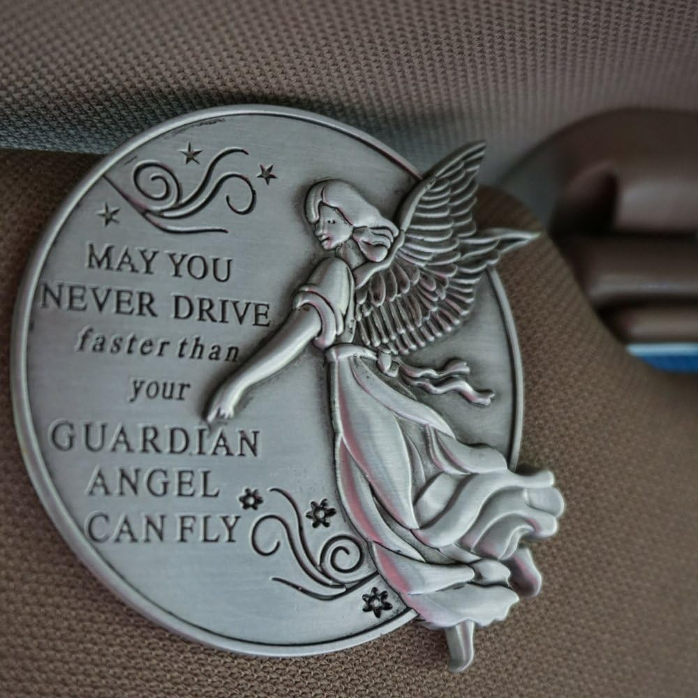 Guardian Angel Visor Clip For Car: 2-1/4 Inch Diameter Metal, Reads MAY YOU NEVER DRIVE FASTER THAN YOUR GUARDIAN ANGEL CAN FLY, Best Parents Gift Idea for New Driver and Loved Ones Cars